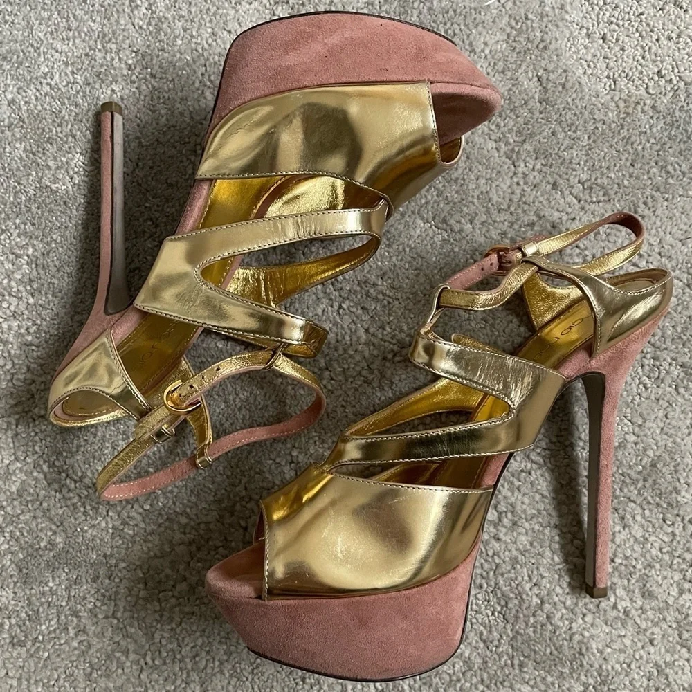 Sergio Rossi Gold Metallic Strappy Color Block Platform Sandals EUC Size 38.5